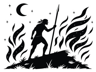 Silhouette of a tribal warrior with battle paint and scar patterns on skin, standing in front of a blazing fire under a night sky, spear in hand 