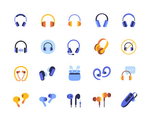 Headphones icons set. Colorful signs with headphones, earphones and devices for listening to music and audio. Design elements for app. Flat vector illustration collection isolated on background