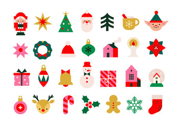 Merry Christmas Icon Set. Holiday signs with Christmas tree, Santa Claus, reindeer, snowman, elf and gift. Design for New Year celebration. Flat vector illustration collection isolated on background