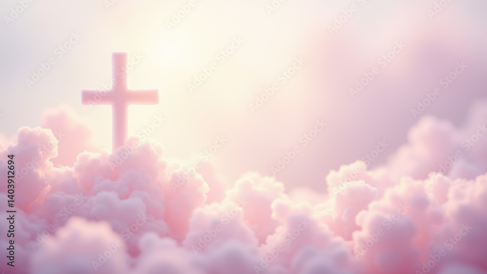 Poster a serene depiction of a christian symbol set against a soft-focus pink cloud backdrop with rays of l