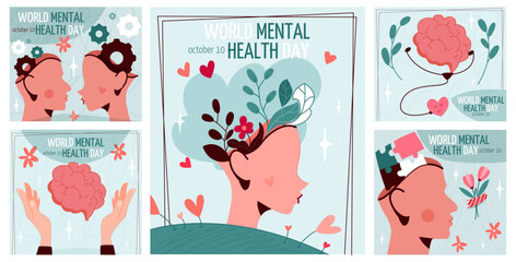 World Mental Health day. Colorful posters or banners with silhouettes of people with blooming flowers in their heads. Solving psychological disorders. Flat vector illustration isolated on background