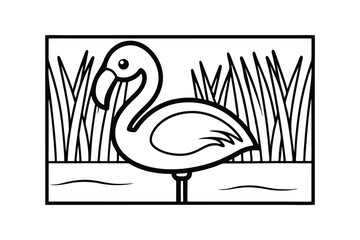 Flamingo Coloring Page For Kids Line Art Simple Outline Style Standing In Water With Tall Grass Background