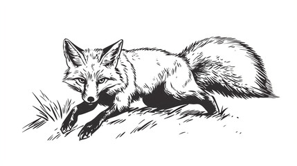 Black and White Fox Illustration Running Through Grass in Natural Meadow Habitat
