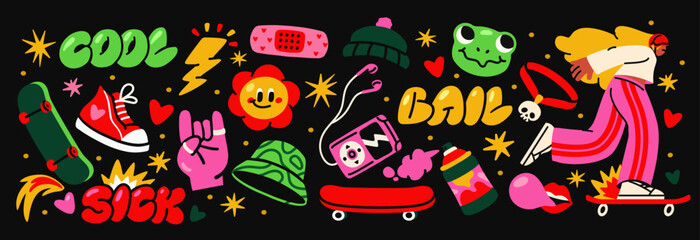Retro skater stickers. Hipster y2k stickers or badges with skateboard, cool inscriptions, lightning and spray paint in groovy style. Flat vector illustration collection isolated on background © Rudzhan