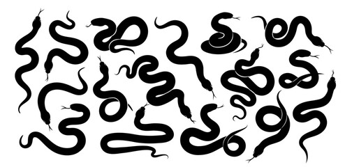 Snake silhouette set. Black and white simple icons with snakes, cobras, poisonous vipers and reptiles. Design elements for stickers. Flat vector illustration collection isolated on background