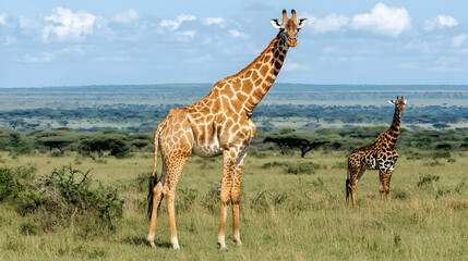 Obraz premium Two Giraffes Stand Gracefully on African Savanna Under a Clear Blue Sky With Lush Green Grass and Distant Trees