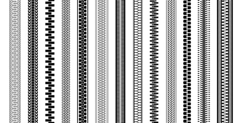 Seamless Zipper set. Repeating patterns with zipper brushes. Fashion sample or design element for printing. Flat vector illustration collection isolated on background