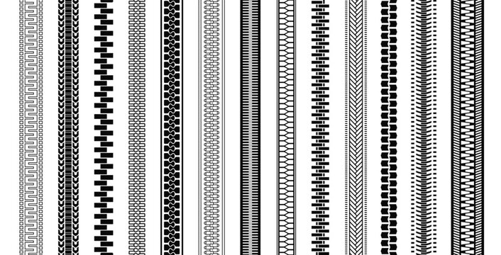 Seamless Zipper set. Repeating patterns with zipper brushes. Fashion sample or design element for printing. Flat vector illustration collection isolated on background