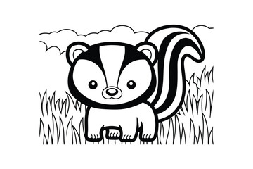 Cute Skunk Cartoon Illustration In Black And White Outline Standing In Grass With Sky Background Simple Design
