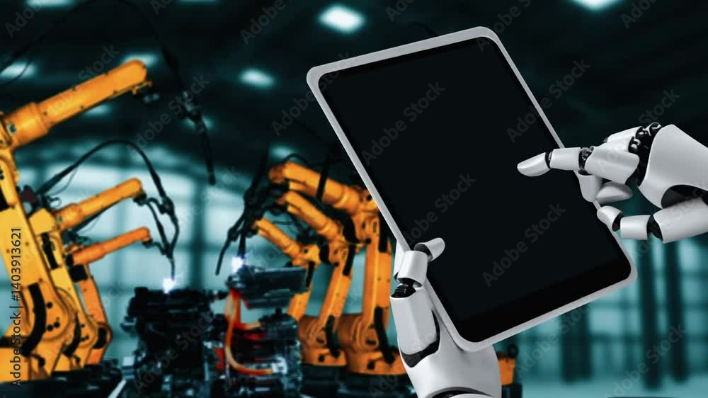Poster cybernated industry robot and robotic arms for assembly in factory production . concept of artificia