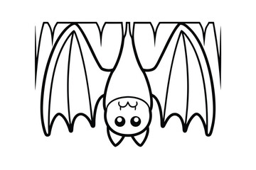 Cartoon Bat Hanging Upside Down Outline Halloween Vector Illustration Simple Black And White Design For Kids Coloring Page