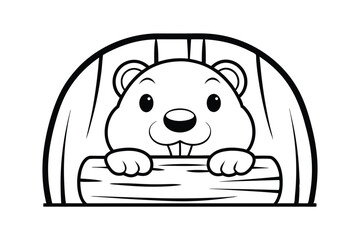 Cute Cartoon Beaver In A Log Cabin Black And White Line Art Illustration For Coloring Books Or Educational Resources