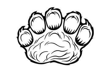 Bear Paw Print Illustration With Sharp Claws And Fur Detailed In Black And White Isolated On White Background