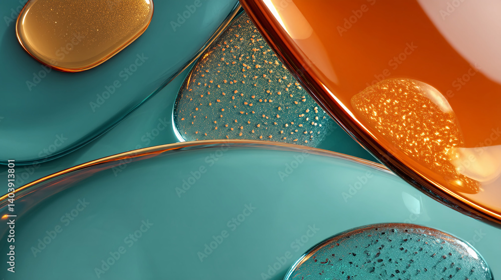 Aufkleber abstract image of glossy teal and orange shapes, interspersed with gold glitter, creating a luxuriou