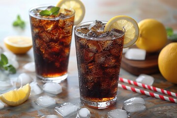 Two Glasses of Iced Cola with Lemon and Mint Garnishes