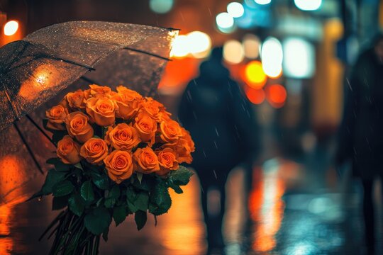 A bouquet of vibrant orange roses under a clear umbrella on a rainy night - Powered by Adobe