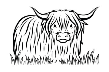 Highland Cow Line Art Illustration Standing In Grass Isolated On White Background Minimalist Design For Logo And Decoration