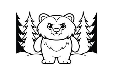 Cute Cartoon Bear Character In Winter Forest Black And White Outline Vector Illustration For Coloring Book For Kids