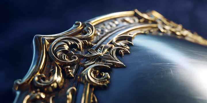 Close-up of ornate gold frame detail on dark surface, showcasing intricate carvings and metallic sheen, representing luxury, elegance, and craftsmanship, ideal for design or branding