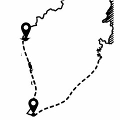 Fototapeta premium Hand-drawn map outline with route markers and dashed line 