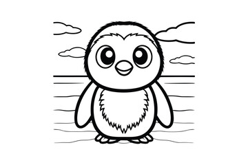 Outlined Cartoon Penguin Character With Big Eyes Standing On A Landscape Scene Under Clouds Illustration