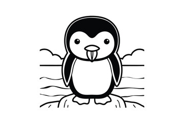 Cute Penguin Standing On Iceberg Simple Black And White Line Art Graphic Illustration For Coloring And Design
