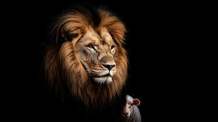 Fototapeta premium Lion and Lamb Portrait in Dramatic Lighting on Black Background
