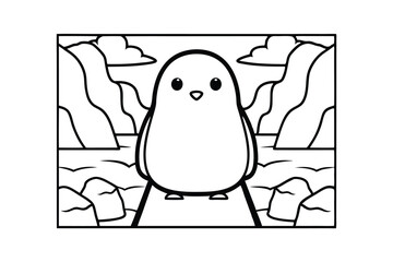 Cute Penguin Standing On Ice Surrounded By Mountains Black And White Outline Style Vector Illustration Childrens Book