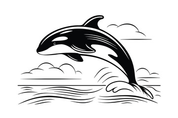 Black And White Orca Leaping From Ocean Waters With Horizon And Clouds Minimalist Design
