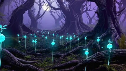 Mystical woodland scene featuring glowing plants under moonlight and gnarled trees in a dark enchanted forest - Powered by Adobe