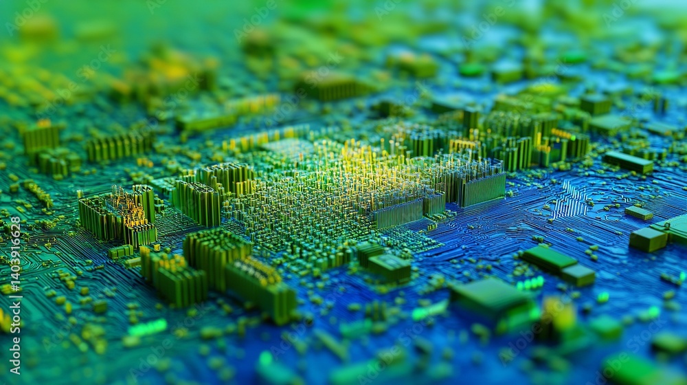 Poster abstract motherboard circuit board technology background with digital processing and data flow 3d re