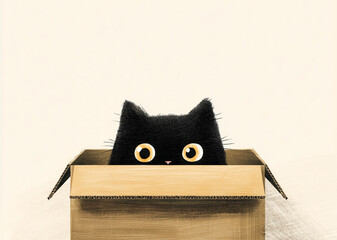 Cute black cat peeking out playfully from a cardboard box  
