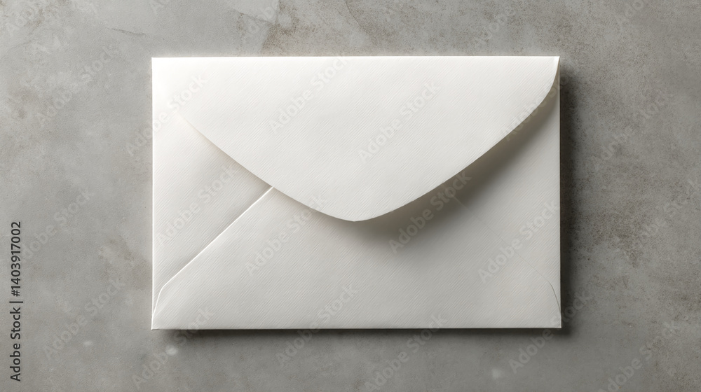 Poster white envelope on gray textured surface, showcasing blank space for message or design, ideal for moc