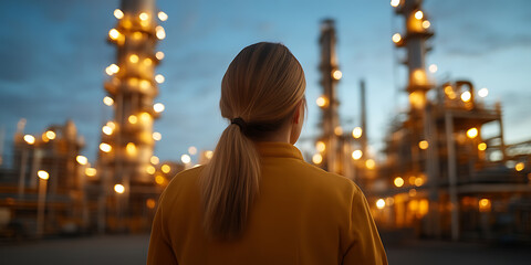 Obraz premium Woman faces complex refinery landscape at dusk, golden lights illuminate the intricate industrial infrastructure.