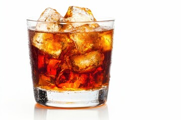 Refreshing Cola with Ice Cubes in Glass on White Background