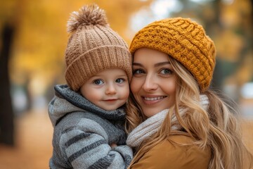 Fototapeta premium Mother holding her cute sweet son in autumn garden. Family time, mom and son in park, Generative AI