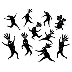 A collection of playful black vector silhouettes depicts multiple cartoon carrots in various dancing and running poses on a white background.