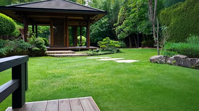 Serene garden view showcasing a wooden deck, lush greenery, and a tranquil gazebo in the background