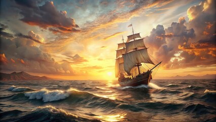 Obraz premium Panoramic Ketch Sailing Ship Photography: Majestic Ocean Views, Dramatic Seascape, Sunsets, Coastal Scenery, Nautical Adventure