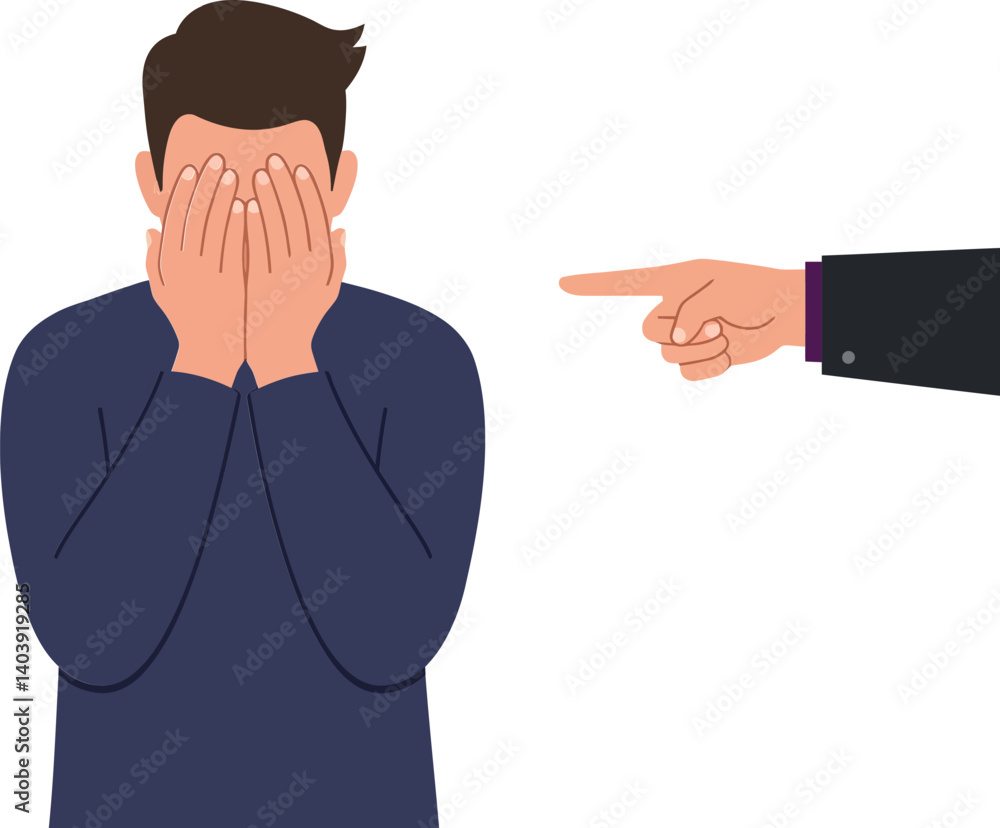 Poster a distressed man hiding his face with hands while receiving criticism from a pointing hand in a mini