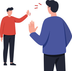 Fototapeta premium Two men greeting each other with friendly waves in a flat style vector illustration showcasing warmth and connection between friends