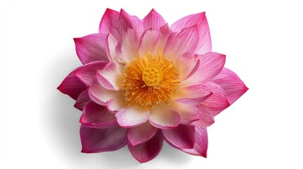 Obraz premium Pink Lotus Flower Blooming with Yellow Center on White Background