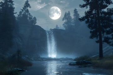 A waterfall scene under a full moon with trees and a river in a misty and dark environment view