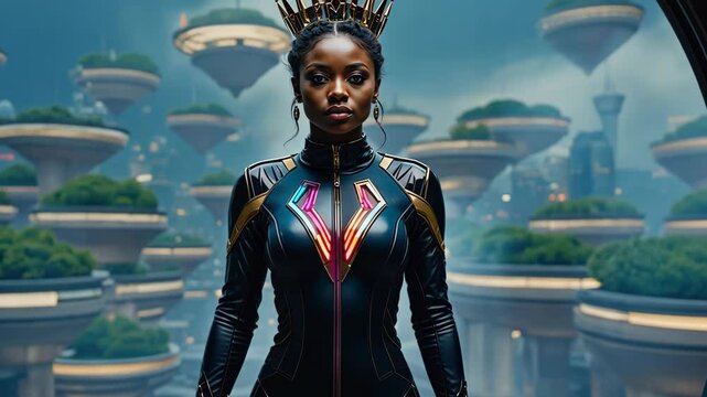 Elegant woman with crown standing in futuristic city with floating structures in the background. Fashionable with serious expression