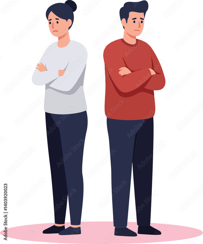 Poster two individuals standing back to back with crossed arms in a flat design style, showcasing tension a