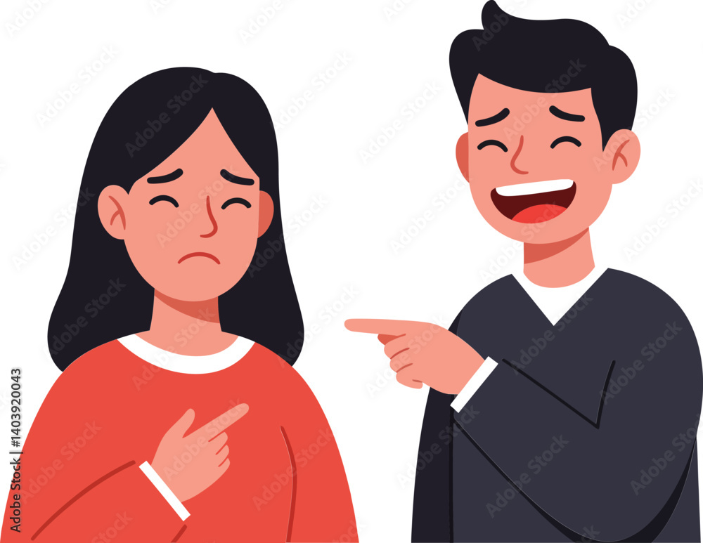 Poster two characters in a flat design style, one smiling and pointing at the other, conveying contrasting 