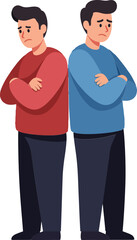 Fototapeta premium Two men standing back to back in contrasting clothing, showcasing emotions, minimal vector illustration
