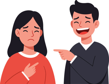 Two characters in a flat design style, one smiling and pointing at the other, conveying contrasting emotions in a humorous vector illustration