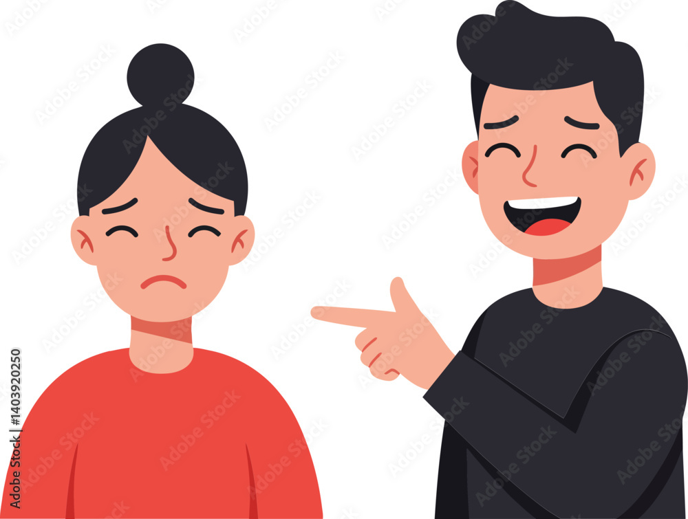 Poster two cartoon characters in a flat design style, one smiling and pointing while the other appears sad,