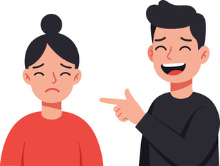 Fototapeta premium Two cartoon characters in a flat design style, one smiling and pointing while the other appears sad, expressing contrasting emotions in vector art